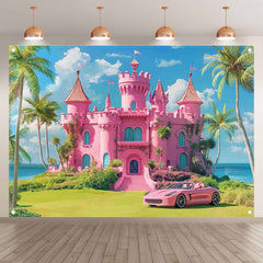 Beach Castle Hawaiian Tropical Plam Tree Pink House Backdrop