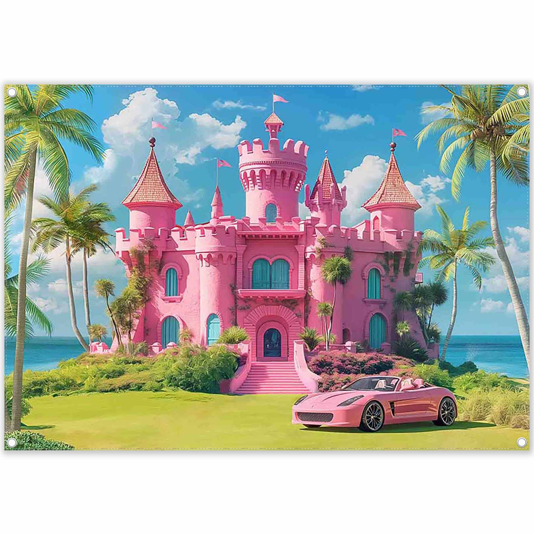 Beach Castle Hawaiian Tropical Plam Tree Pink House Backdrop