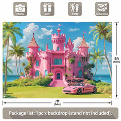 Beach Castle Hawaiian Tropical Plam Tree Pink House Backdrop