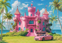 Beach Castle Hawaiian Tropical Plam Tree Pink House Backdrop