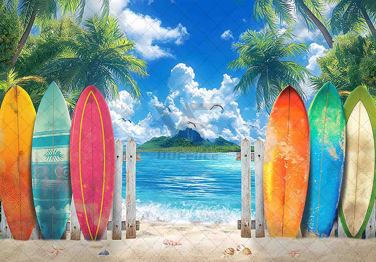 Hawaiian Surfboard Beach Tropical Palm Island Backdrop