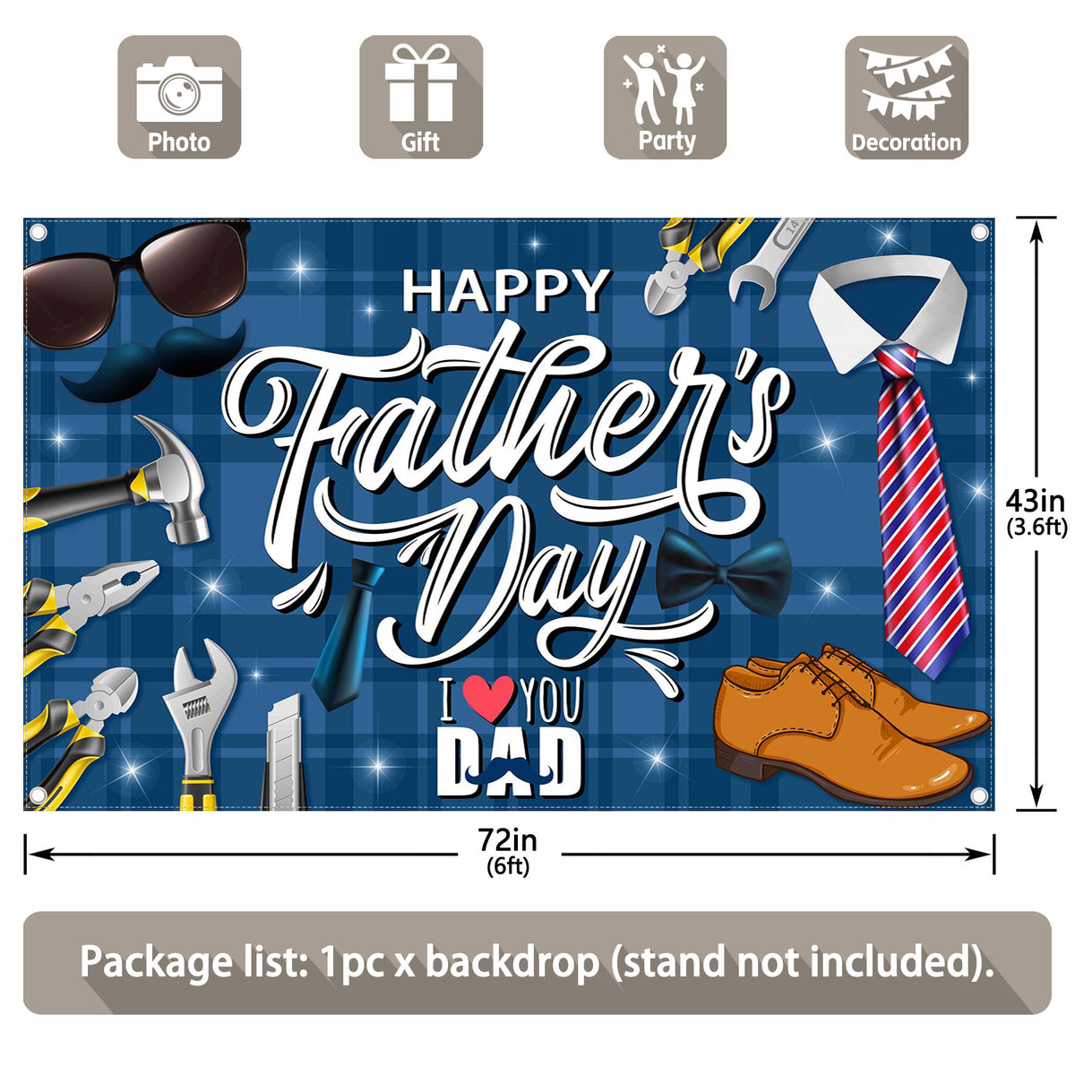 Happy Father's Day Shirt Tie Hat Glitter Backdrop（FAST）