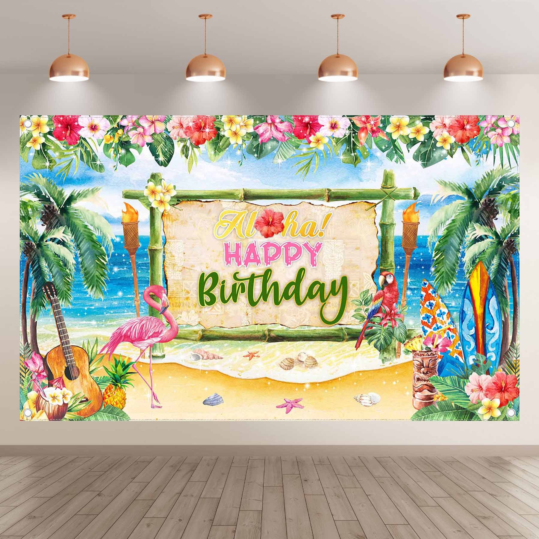 Aloha Happy Birthday Summer Tropical Beach Backdrop