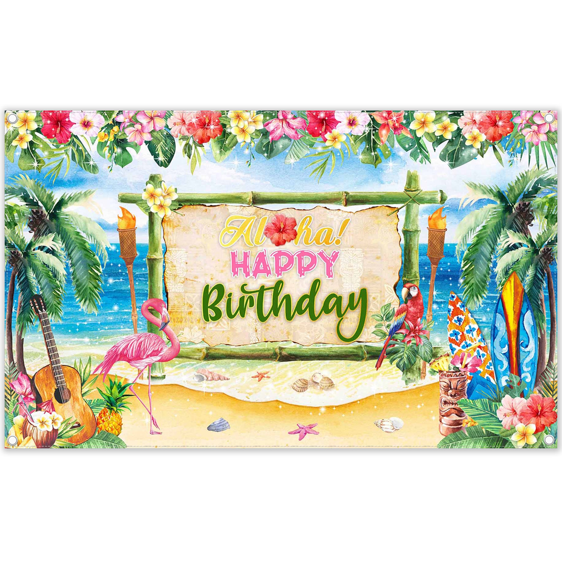 Aloha Happy Birthday Summer Tropical Beach Backdrop