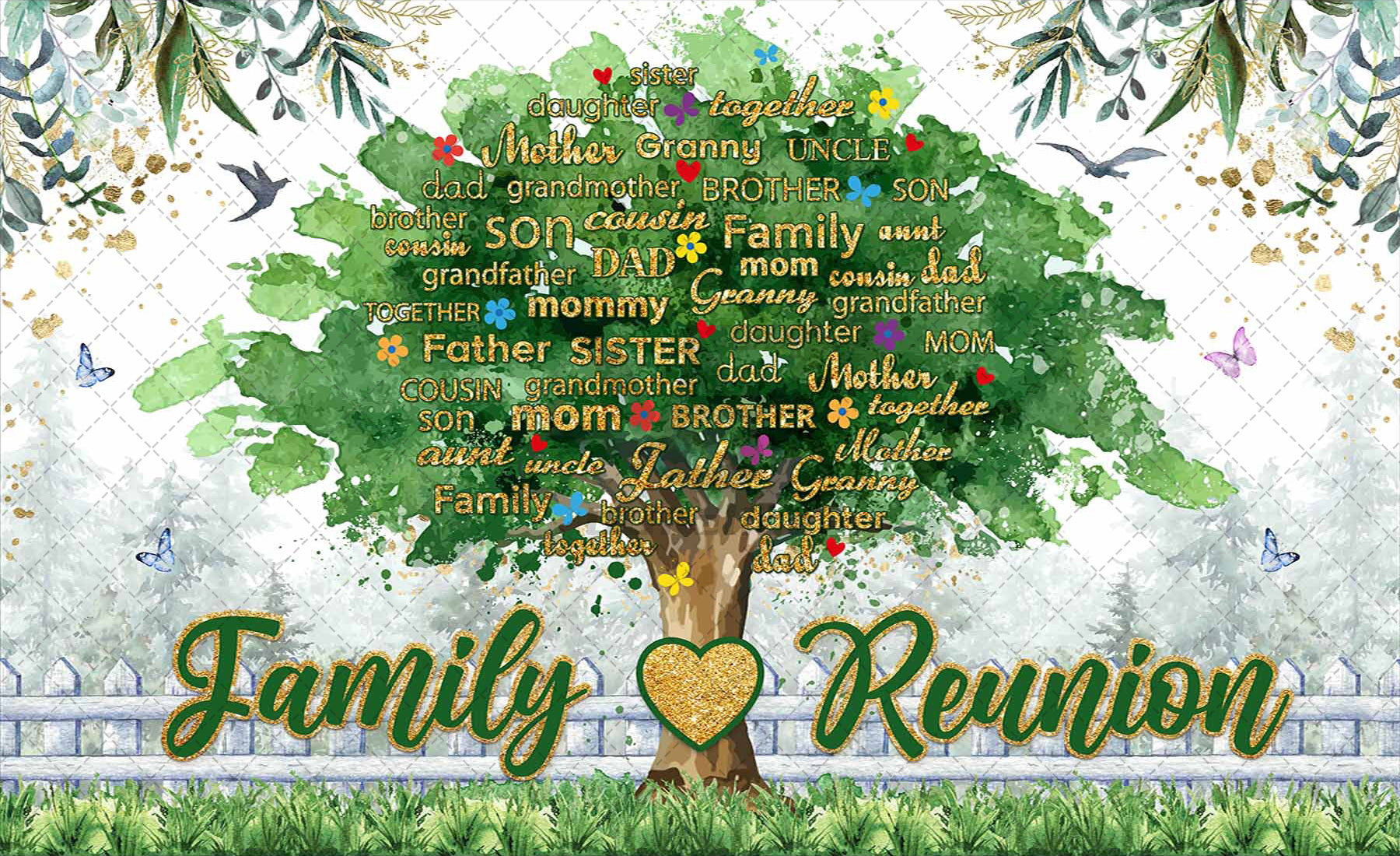 1pc, 72x43inch, Family Reunion Polyester Photography Backdrop, Family Tree Members Background, Gathering Gold and Green Party Gifts Decorations, Welcome Home Photo Booth Banner Tapestry, Drilled Holes At The Four Corners For Easy Hanging - UUFelice Studio