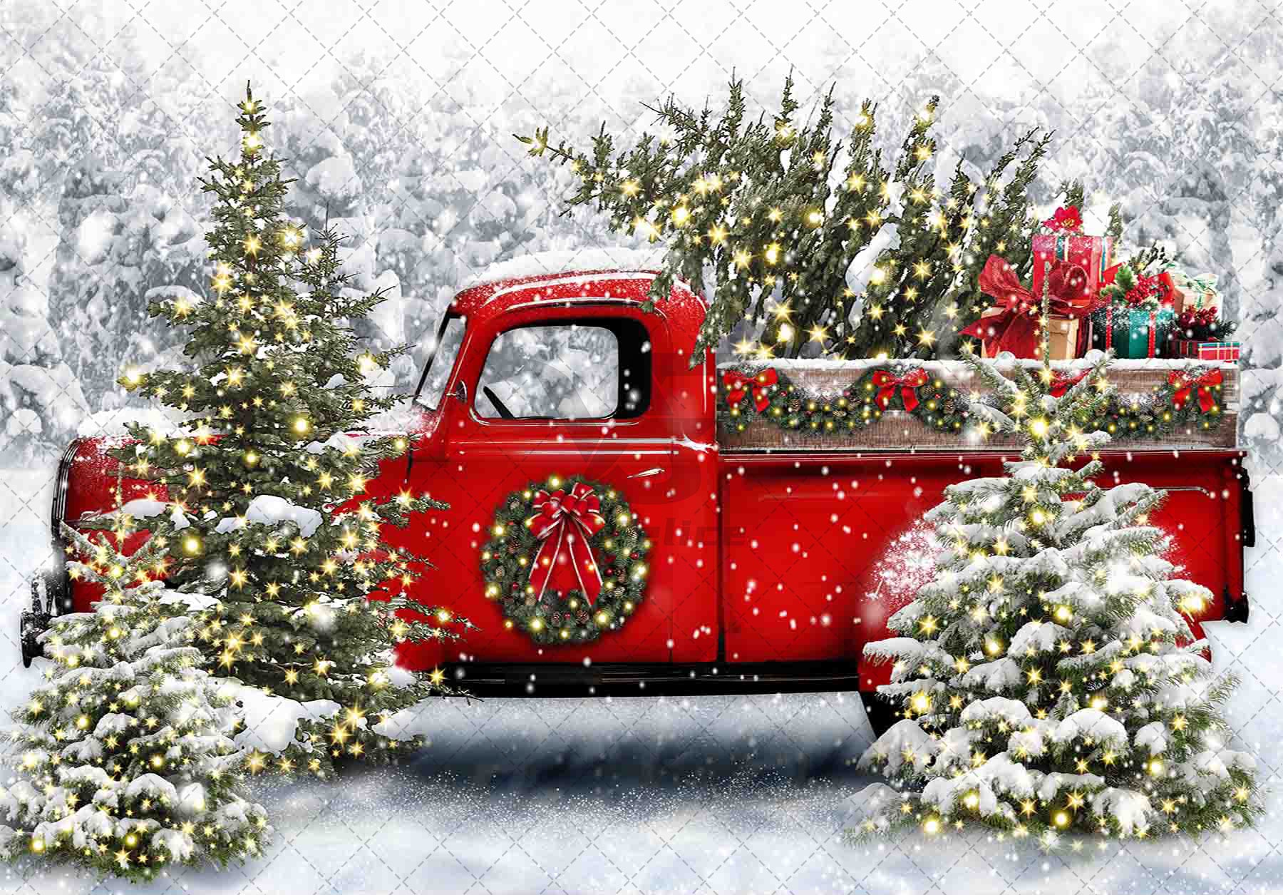 1pc, 7x5ft/8x6ft/10x8ft Christmas Red Truck Polyester Photography Backdrop, Winter Snowy Forest Tree Party Photo Background Tapestry, Xmas Let It Snow Banner Decorations, Photo Booths Studio Props, Birthday Cake Table Supplies Room Decor - UUFelice Studio