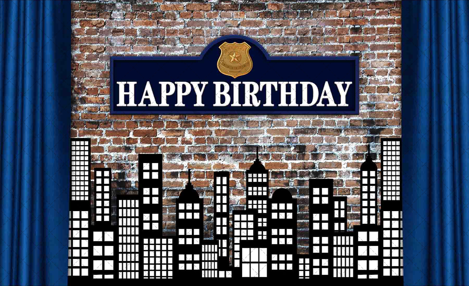 1pc, 72x43inch Police Station City Happy Birthday Polyester Photography Backdrop, Dress Up Brick Party Photo Background Tapestry, Police Badge Banner Decorations, Photo Booths Studio Props, Birthday Cake Table Supplies Room Decor, Drilled Holes At The Fou - UUFelice Studio