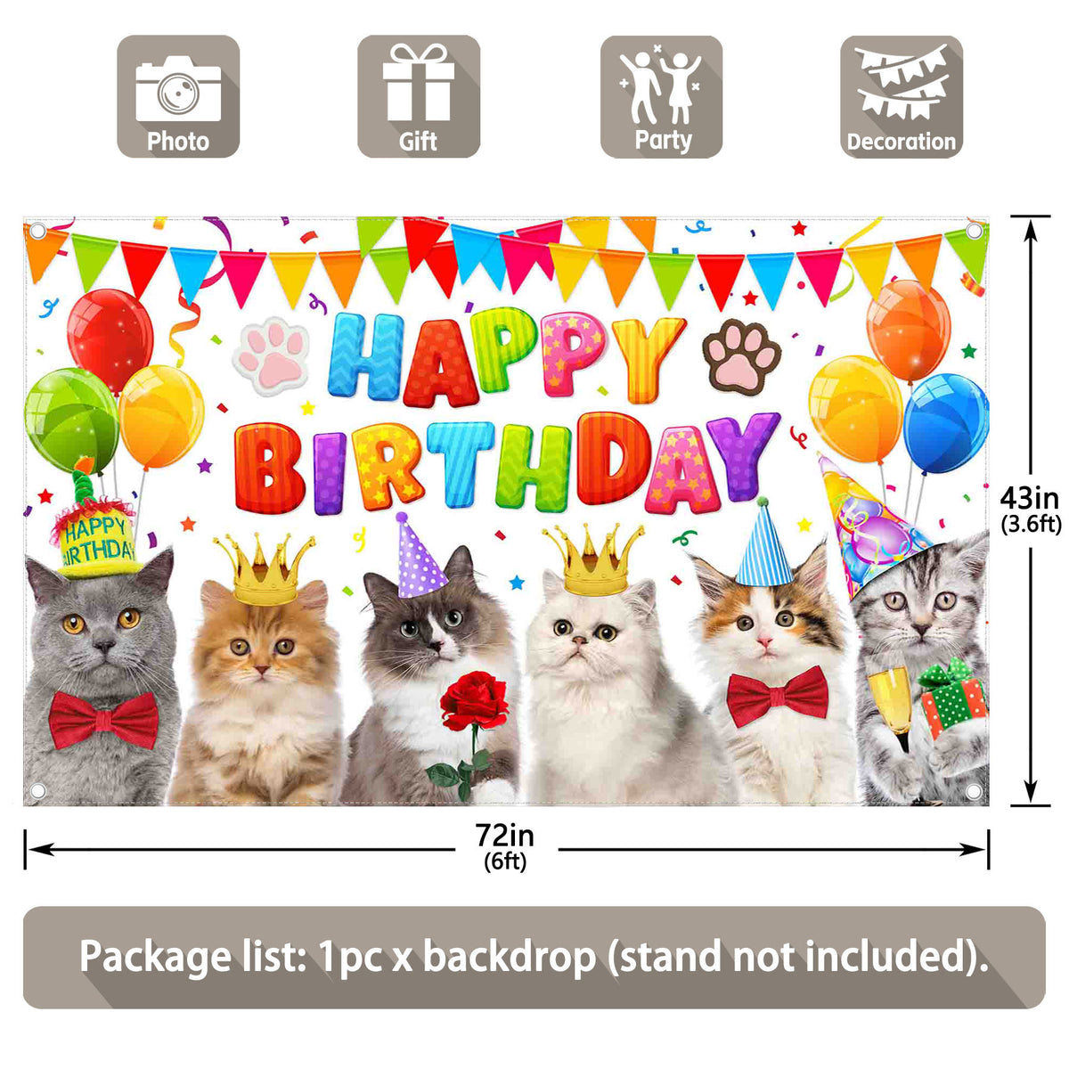 Cat Happy Birthday Cute Kitten Colorful Balloons Backdrop(FAST)