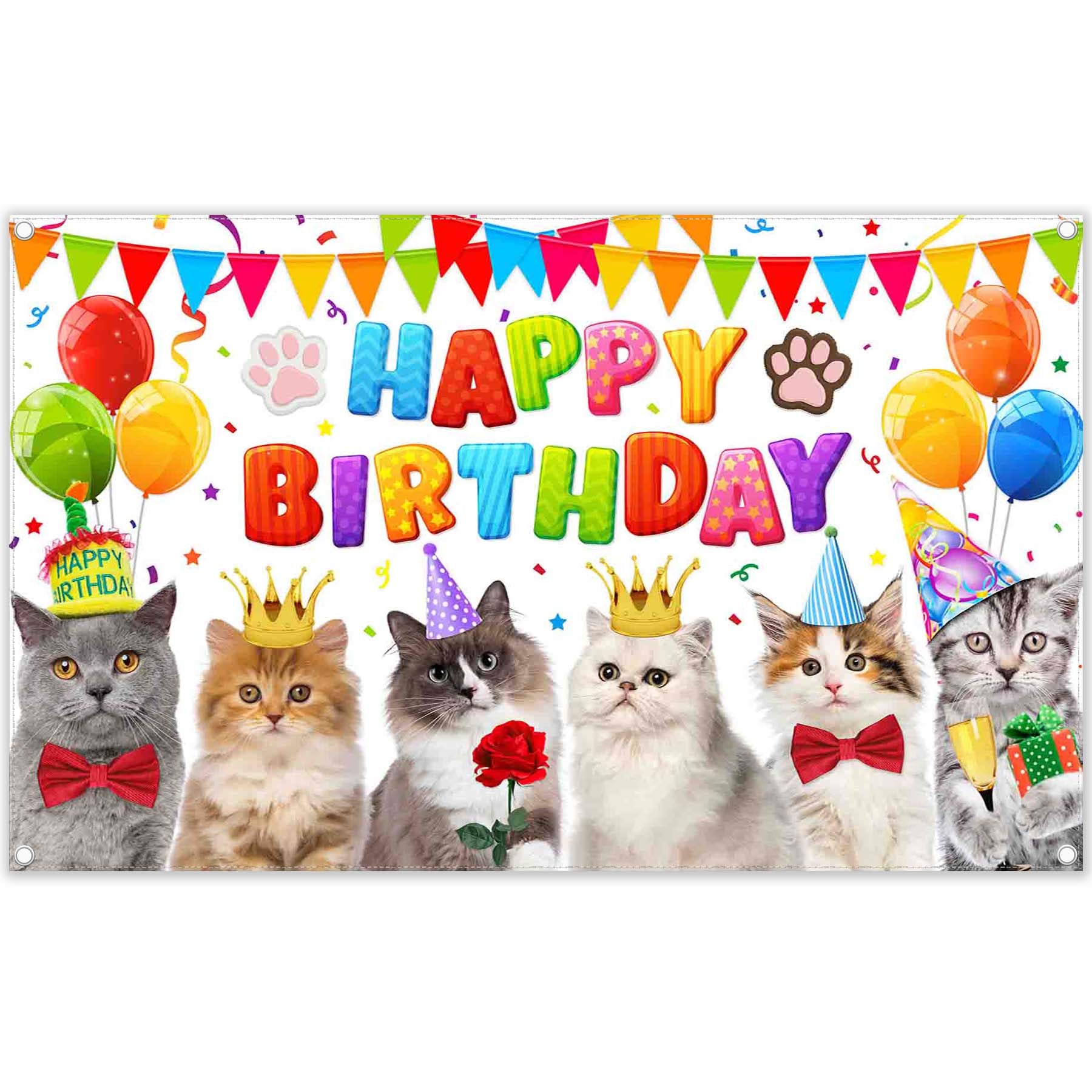 Cat Happy Birthday Cute Kitten Colorful Balloons Backdrop(FAST)