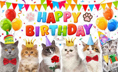 Cat Happy Birthday Cute Kitten Colorful Balloons Backdrop(FAST)