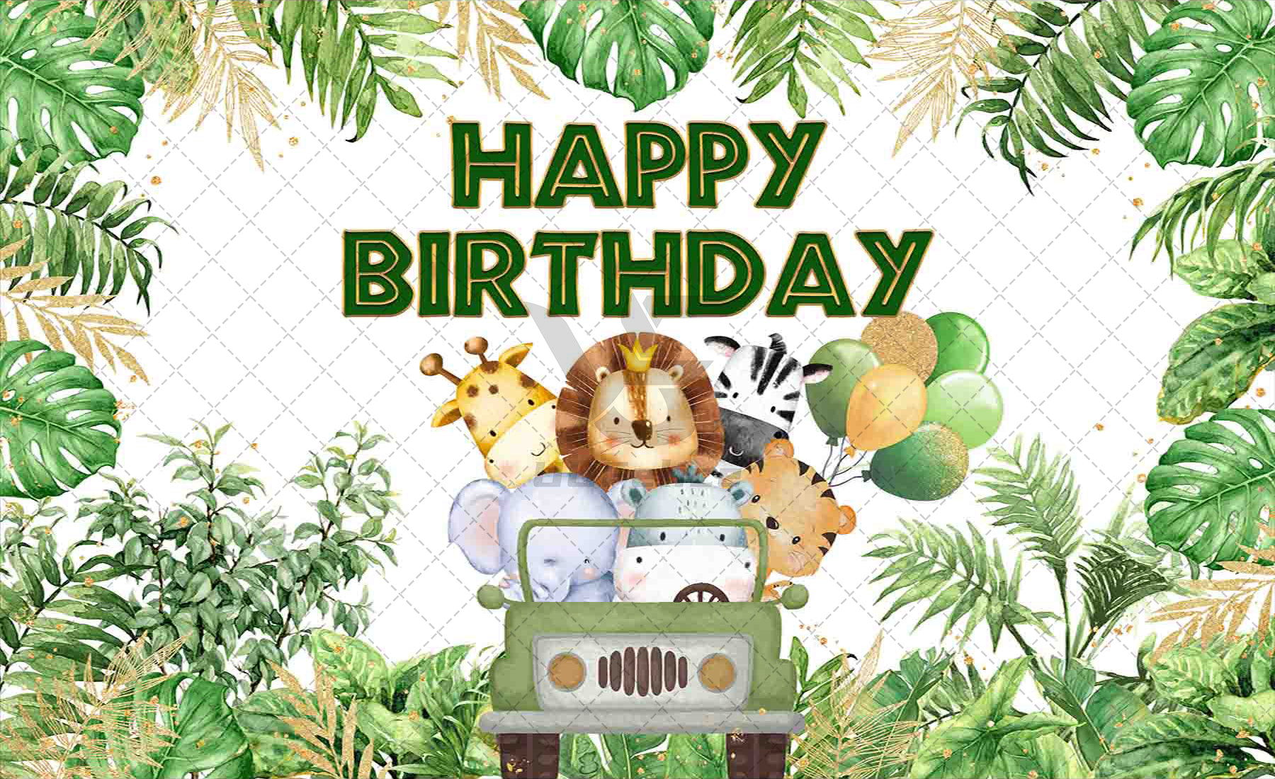 Jungle Animals Happy Birthday Tropical Green Backdrop(FAST) - UUFelice Studio