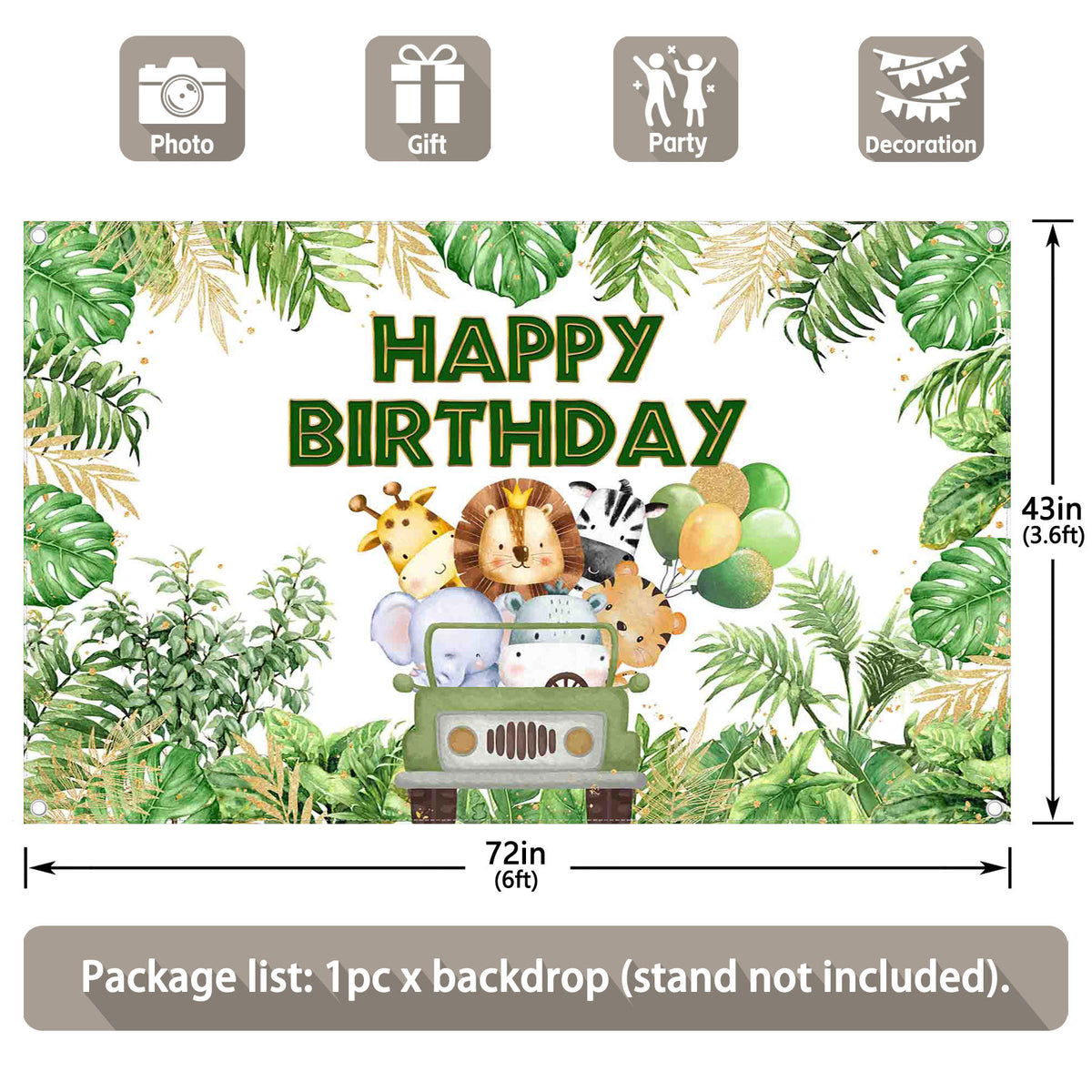 Jungle Animals Happy Birthday Tropical Green Backdrop(FAST) - UUFelice Studio