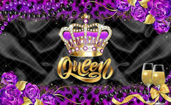 1pc 72x43inch/96x60inch, Crown Queen Polyester Photography Backdrop, Purple Floral Champagne Background, Women Queen Themed Birthday Party Decoration Photo Booth Banner Room Decor - UUFelice Studio