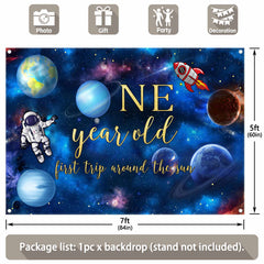 Blue Outer Space 1st Happy Birthday First Trip Planet Backdrop - UUFelice Studio