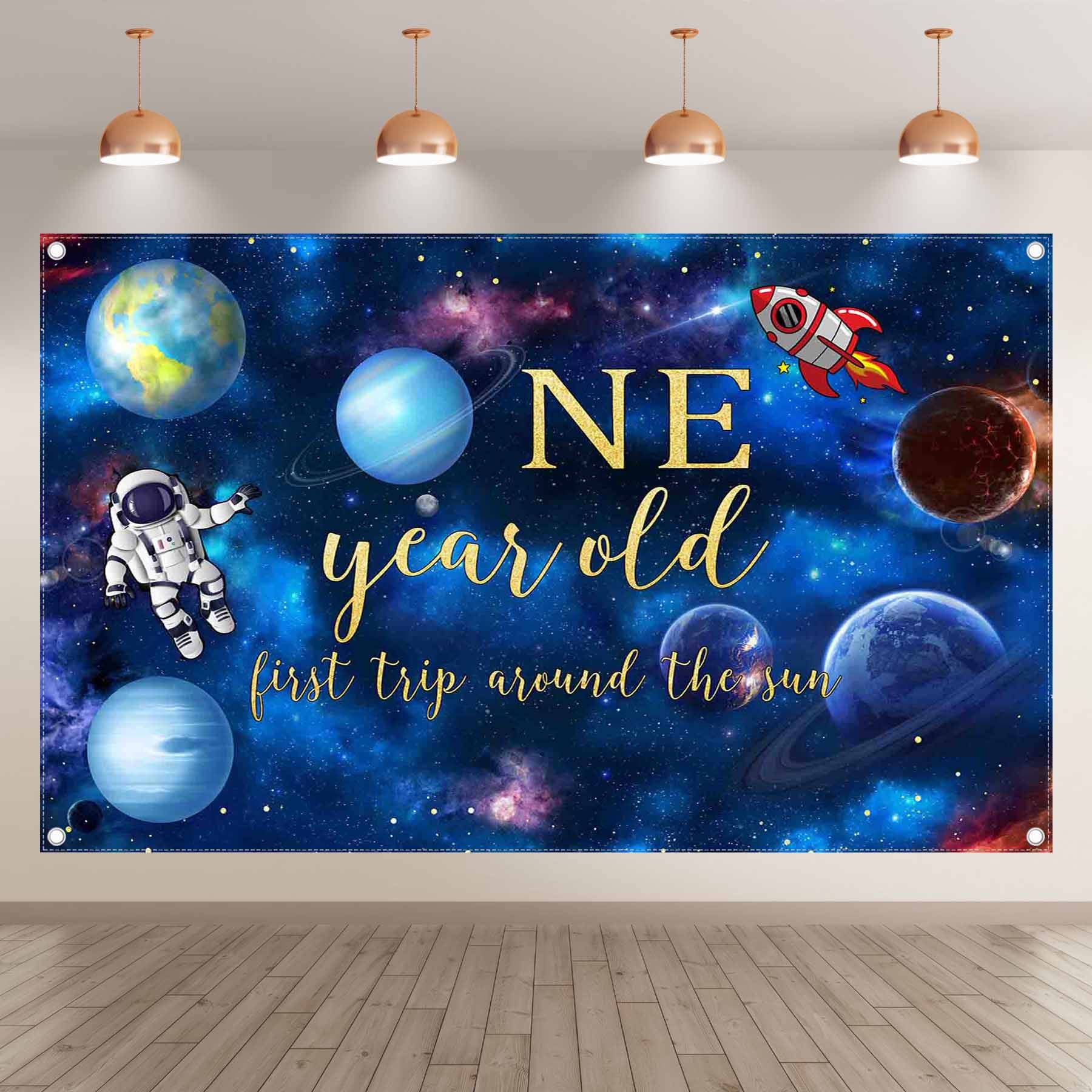 Blue Outer Space 1st Happy Birthday First Trip Planet Backdrop - UUFelice Studio