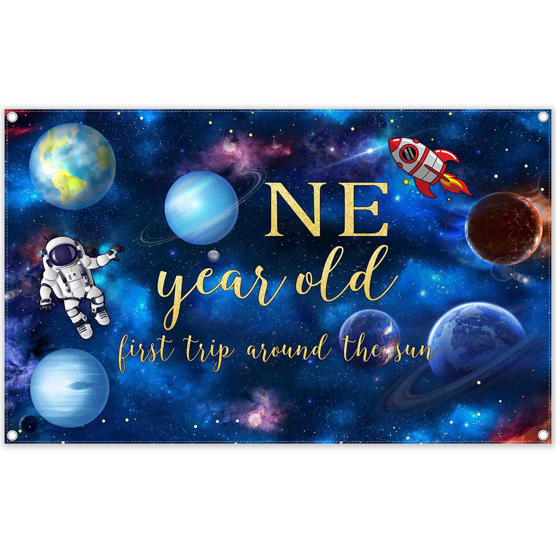 Blue Outer Space 1st Happy Birthday First Trip Planet Backdrop - UUFelice Studio