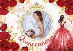 Custom DIY Name Photo Quinceanera spanish red rose crown butterfly backdrop