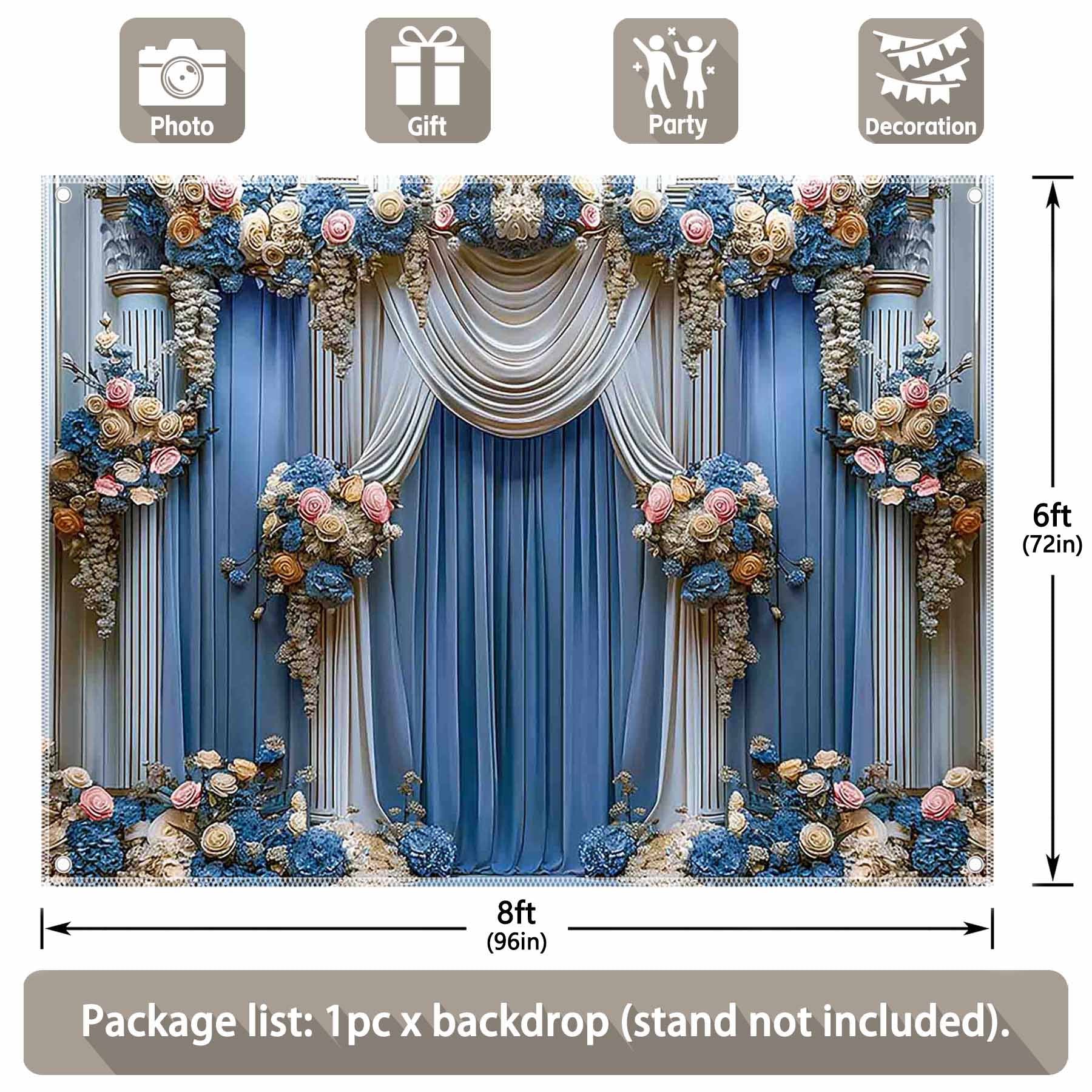 Blue Floral Curtain Wedding Ceremony Bridal Shower Backdrop