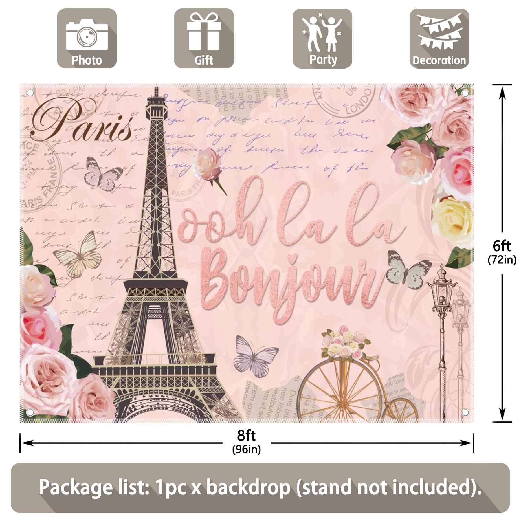 Vintage Paris Ooh la la Bonjour Pink Eiffel Tower Backdrop