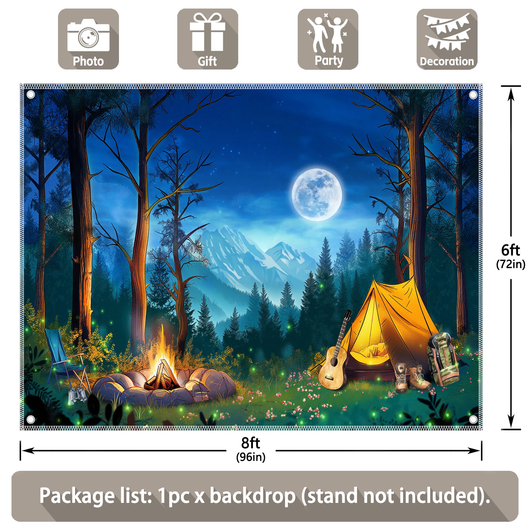 Forest Night Scene Camping  Campfire Tent Background