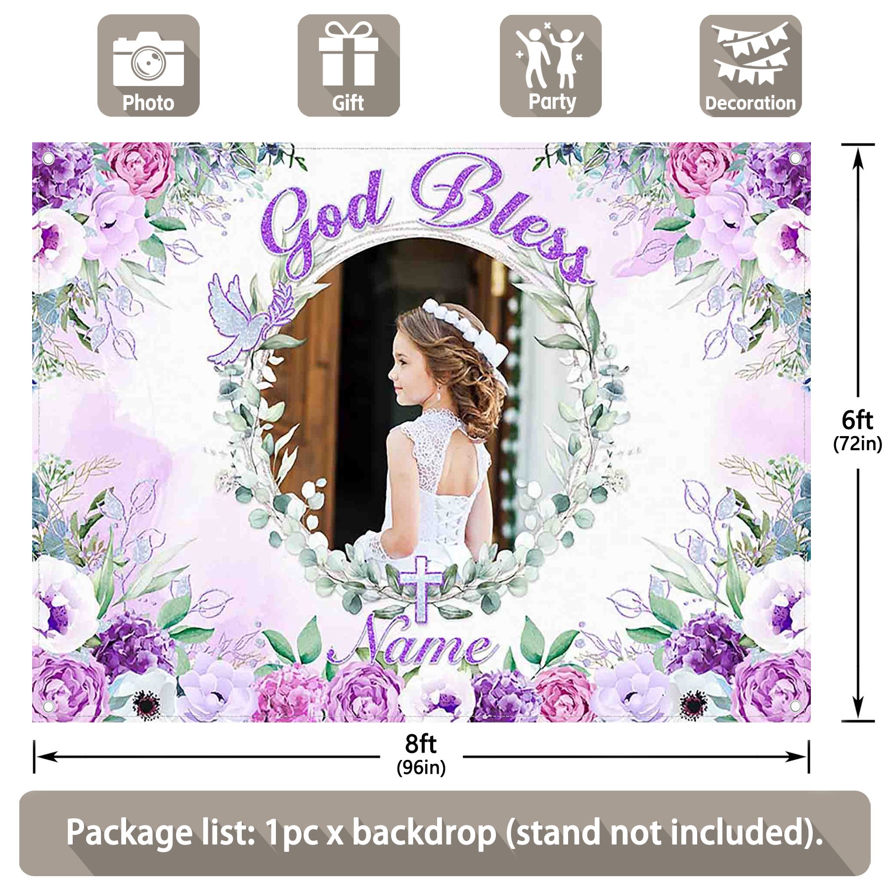 Custom DIY Name Photo Backdrop Purple Flowers God Bless Backdrop