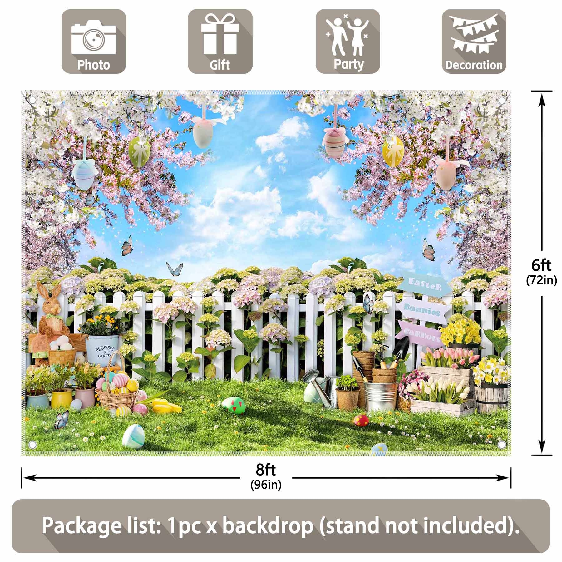 Easter Garden Fence Bunny Eggs Flowers Backdrop