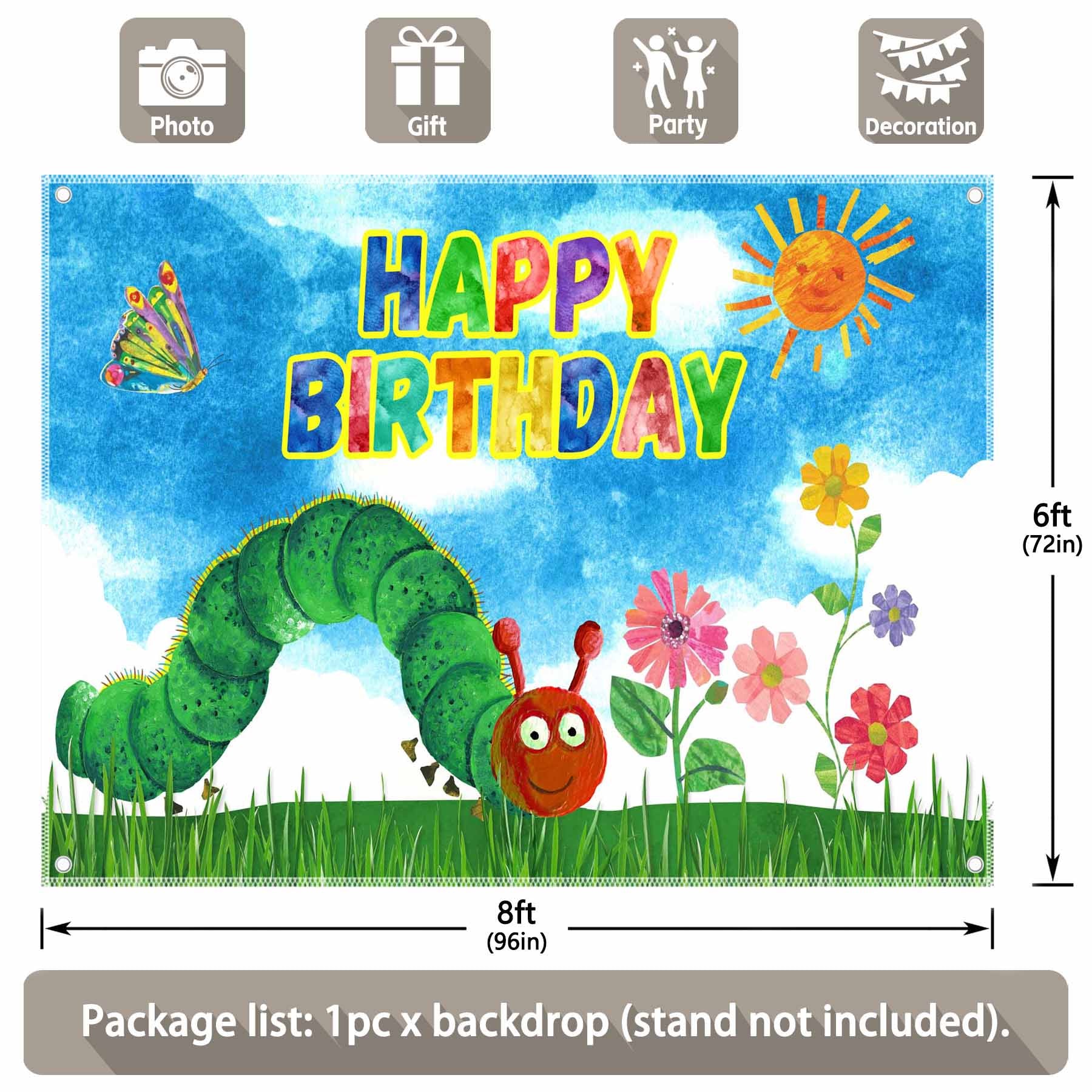 Blue Cartoon Birthday Caterpillar Wonderland Backdrop