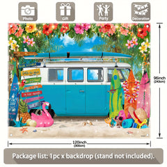 1pc, 7x5ft/8x6ft/10x8ft, Summer Hawaiian Beach Polyester Photography Backdrop Blue Caravan Travel Camping Party Photo Background, Surfboard Luau Tropical Flower Seaside Bus Banner Gifts Decorations, Photo Booths Studio Props, Birthday Cake Table Supplies, - UUFelice Studio