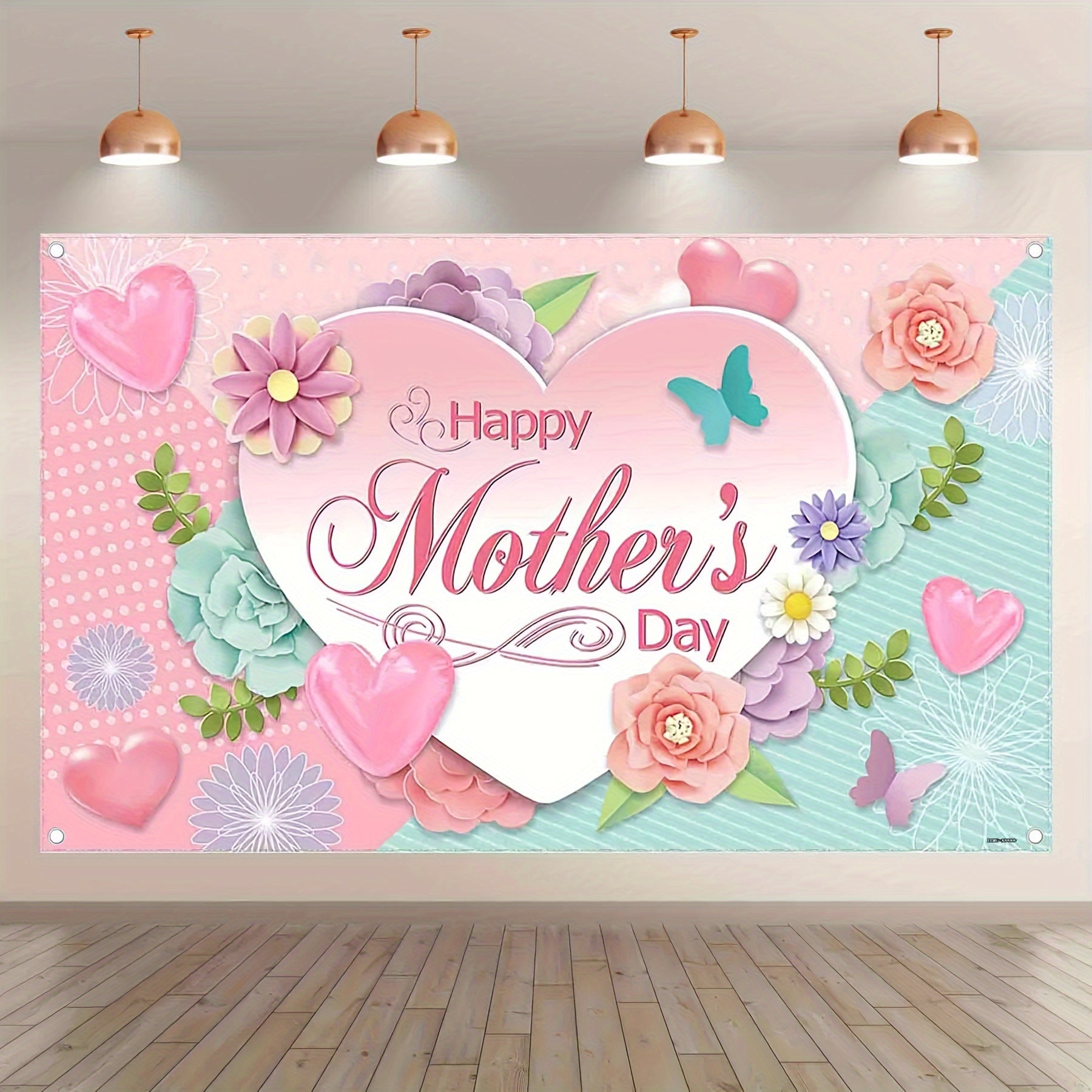 1pc, 72x43inch/96x60inch, Happy Mother's Day! Pink Love Polyester Photography Backdrop,Rose Carnation Butterfly Photo Background Tapestry,Shiny Decorative Lamp Flowers Plants Party Gifts Decorations,Photo Booths Studio Props, Birthday Cake Table Supplies - UUFelice Studio