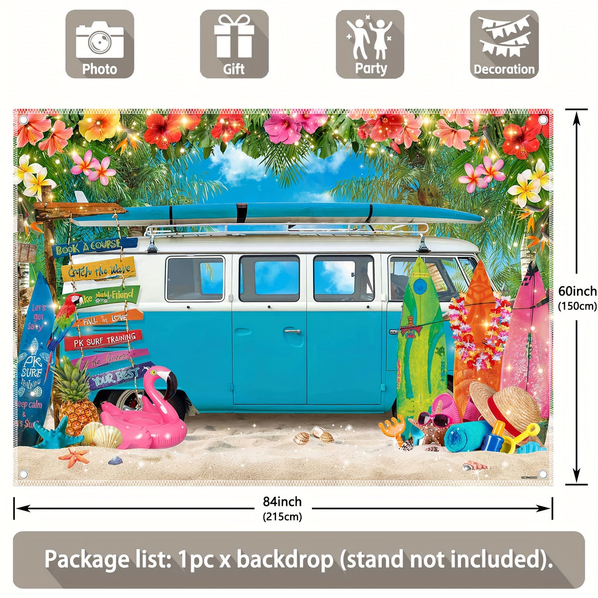 1pc, 7x5ft/8x6ft/10x8ft, Summer Hawaiian Beach Polyester Photography Backdrop Blue Caravan Travel Camping Party Photo Background, Surfboard Luau Tropical Flower Seaside Bus Banner Gifts Decorations, Photo Booths Studio Props, Birthday Cake Table Supplies, - UUFelice Studio