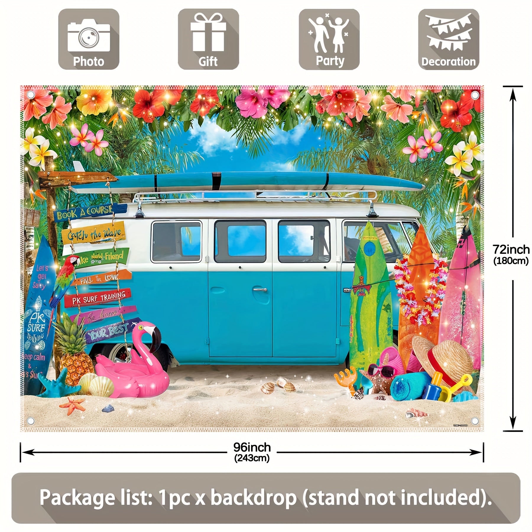 1pc, 7x5ft/8x6ft/10x8ft, Summer Hawaiian Beach Polyester Photography Backdrop Blue Caravan Travel Camping Party Photo Background, Surfboard Luau Tropical Flower Seaside Bus Banner Gifts Decorations, Photo Booths Studio Props, Birthday Cake Table Supplies, - UUFelice Studio