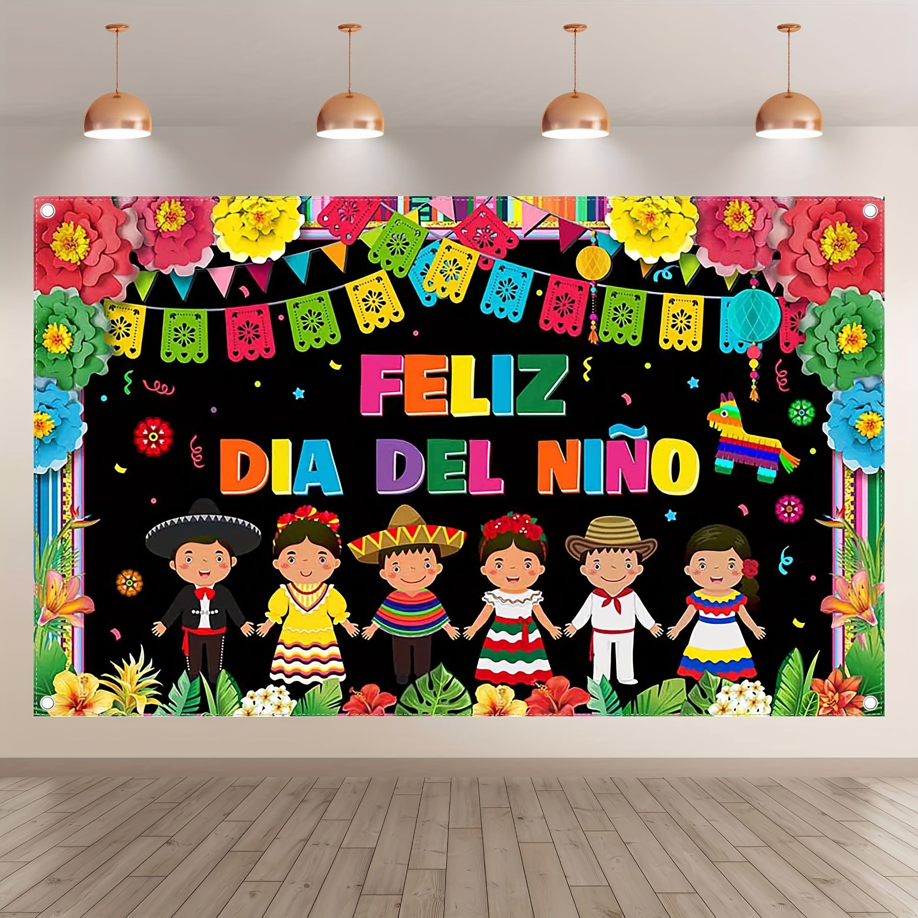 1pc, 72x43inch/96x60inch, Polyester Photography Backdrop, Happy Spanish Children's Day Banner Backdrop, Gifts for Preschool Kindergarten Primary School Junior High School Senior High School Celebration Birthday Party Decorations, Colorful Flags Floral Flo - UUFelice Studio