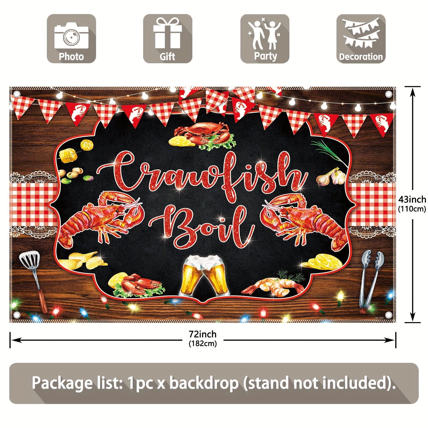 1pc, 72x43inch, Crawfish Boil Theme Polyester Photography Backdrop, Lobster Seafood Background, BBQ Beer Outdoor Party Gifts Decorations, Summer Picnic Event Supplies Photo Booth Props, Drilled Holes at the Four Corners for Easy Hanging - UUFelice Studio