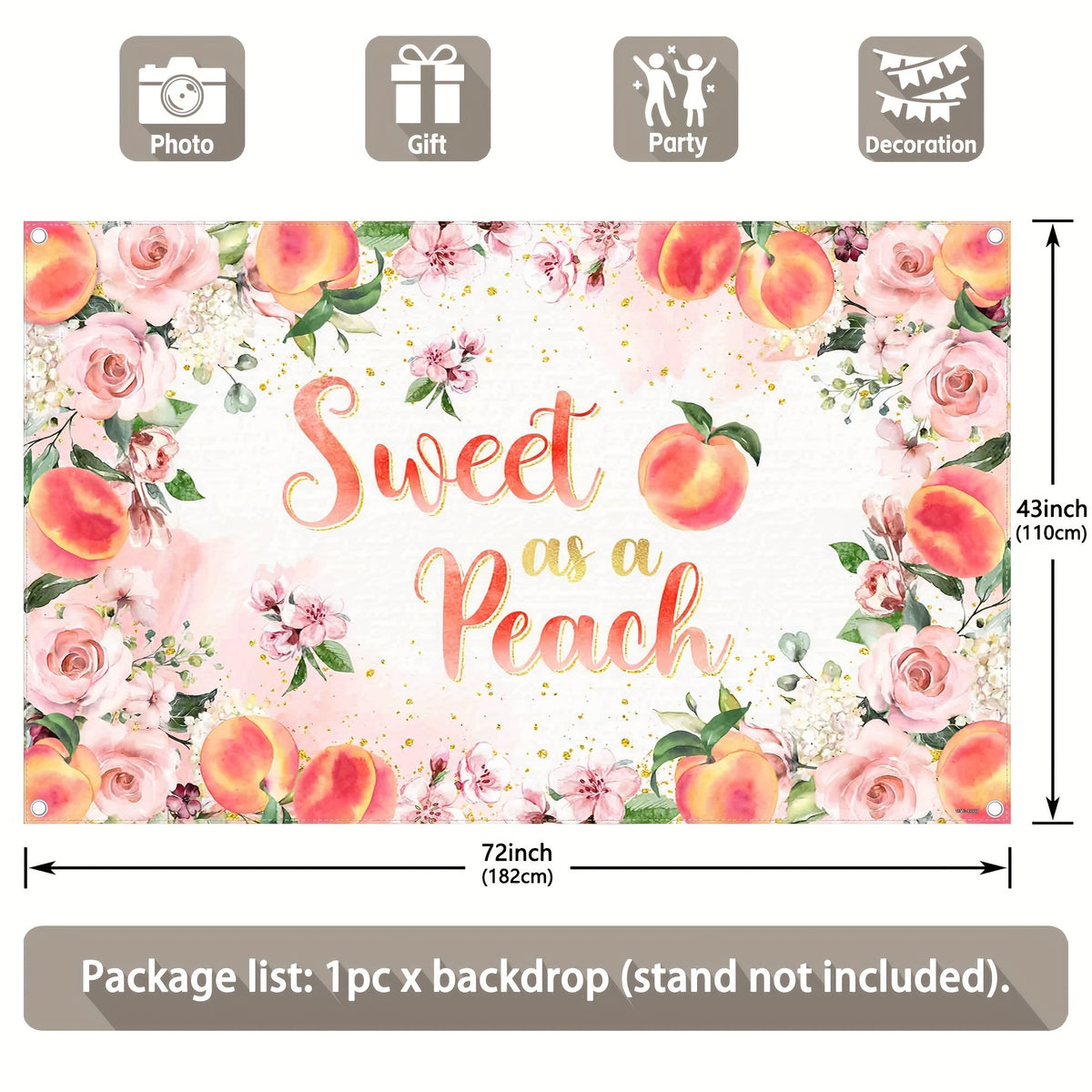 1pc, 72x43inch/96x60inch,Sweet As A Peach Polyester Photography Backdrop,Pink Peach Floral Roses Baby Shower Infant Baptism Background,Girls First Birthday Party Cake Table Gifts Decorations,Photo Booth Banner Supplies,Drilled Holes At The Four Corners Fo - UUFelice Studio