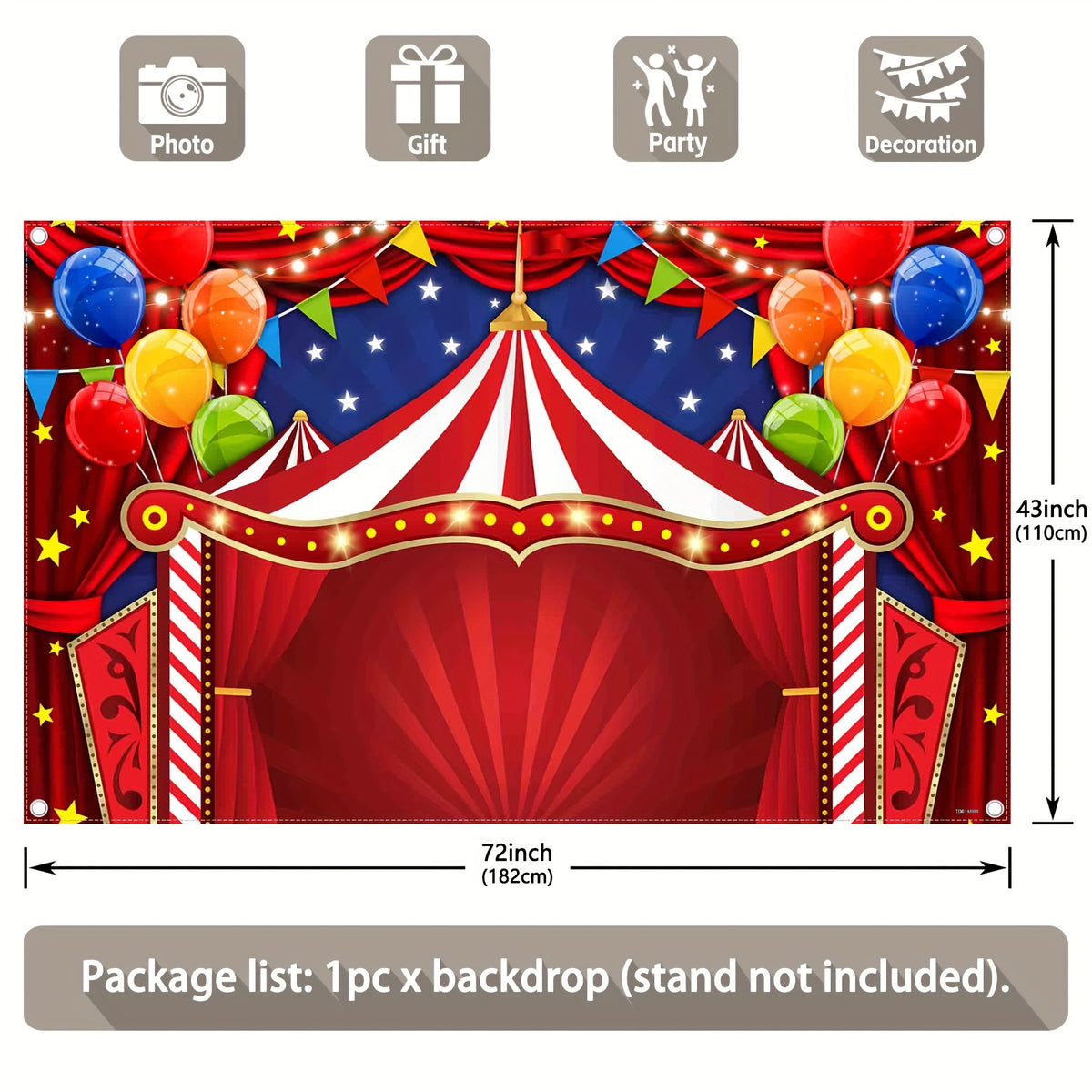 1pc, 72x43inch/96x60inch, Red Circus Polyester Photography Backdrop,Carnival Tent Curtain Stars Background, Colorful Flag Balloons Clown Celebration Party Gifts Decorations,Halloween Mexican Fiesta Background,Photo Booth Banner Supplies,Drilled Holes At T - UUFelice Studio