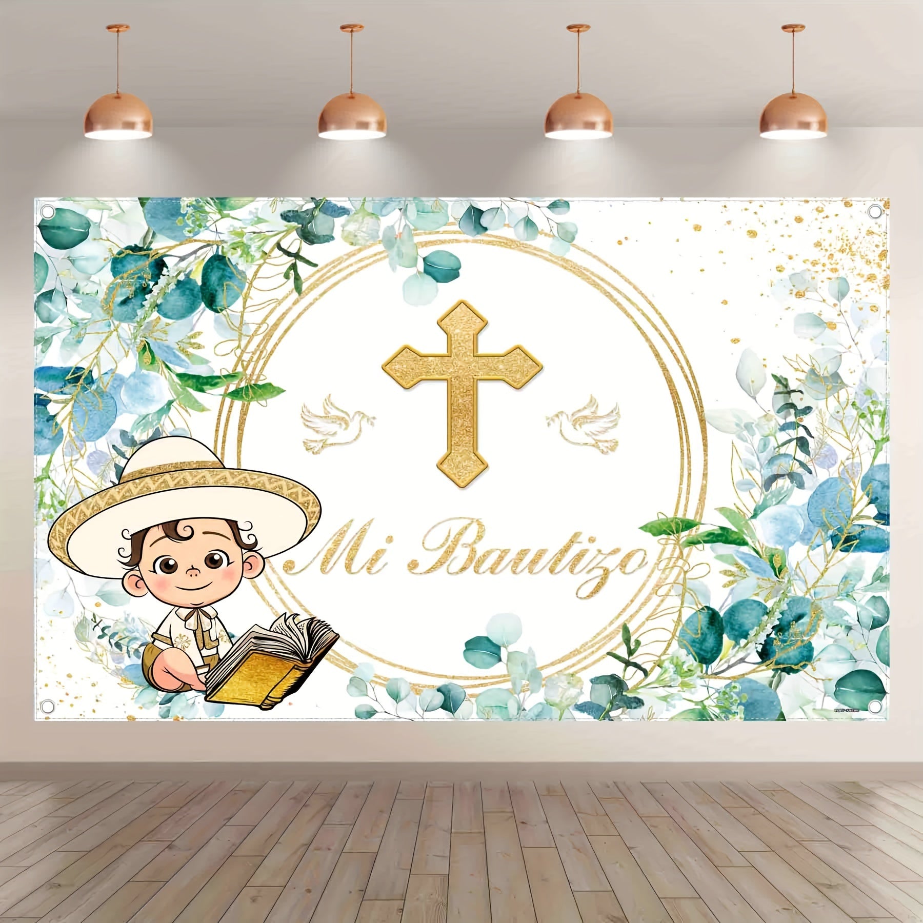 1pc, 72x43inch/96x60inch, Polyester Photography Backdrop, Mexican Baby Shower First Holy Communion Green Leaves Golden Ring Glitter Infant Baptism Background, God Bless Ceremony Boy Girl Party Gifts Decorations, Photo Booth Banner Supplies, Drilled Holes - UUFelice Studio