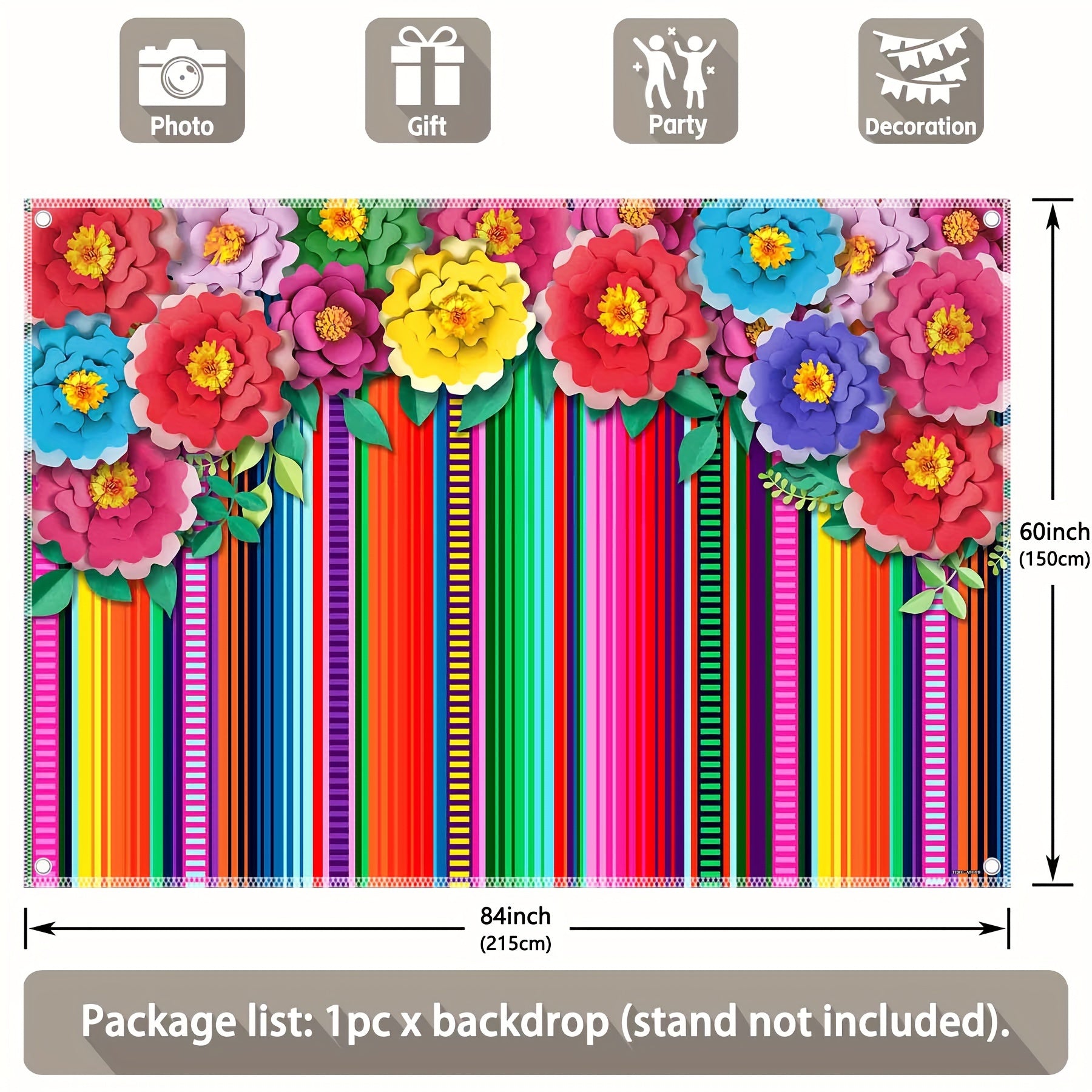 1pc, 7x5ft/8x6ft/10x8ft, Mexican Fiesta Photography Backdrop, Colorful Stripes Paper Flowers Happy Cinco De Mayo Background, Mexico Carnival Birthday Cake Table Party Decorations, Floral Wedding Gifts Photo Booths Banner Supplies, Drilled Holes At The Fou - UUFelice Studio