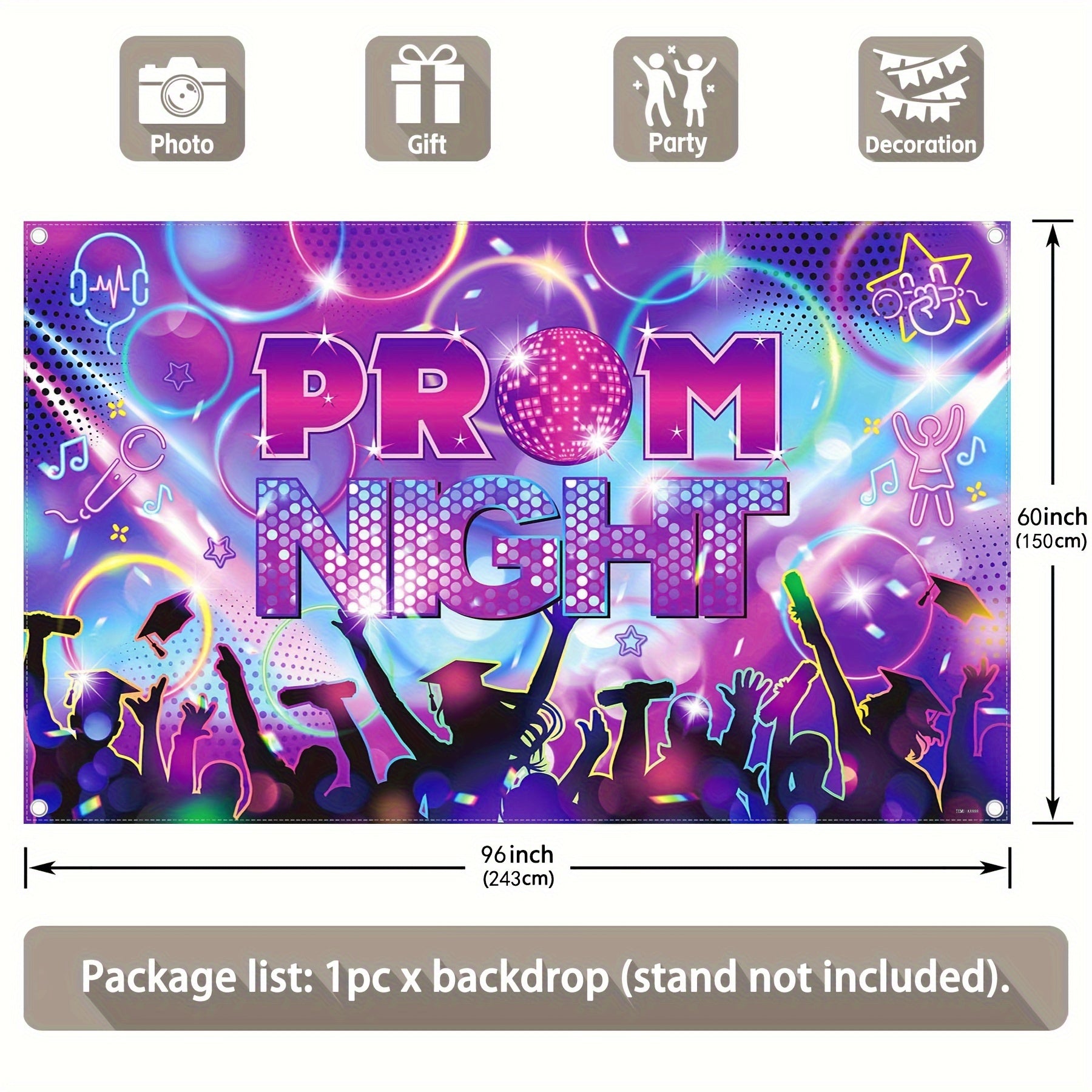 100g Premium Polyester, 72x43inch/96x60inch, Disco Graduation Party Night, 2024 Student Sparkling Neon Light Stage Graduation Party Decoration Photography Backdrop, Four-hole Edge Wrapping, Machine Washable, Low-temperature Ironing, Creases Can Be Complet - UUFelice Studio