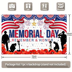 1pc, 72x43inch/96x60inch, Memorial Day America Polyester Photography Backdrop, Remember And Honor Patriotic Soldier Background, Flag Stars Stripes Flowers Party Gifts Decorations, Photo Booth Banner Supplies, Drilled Holes At The Four Corners For Easy Han - UUFelice Studio