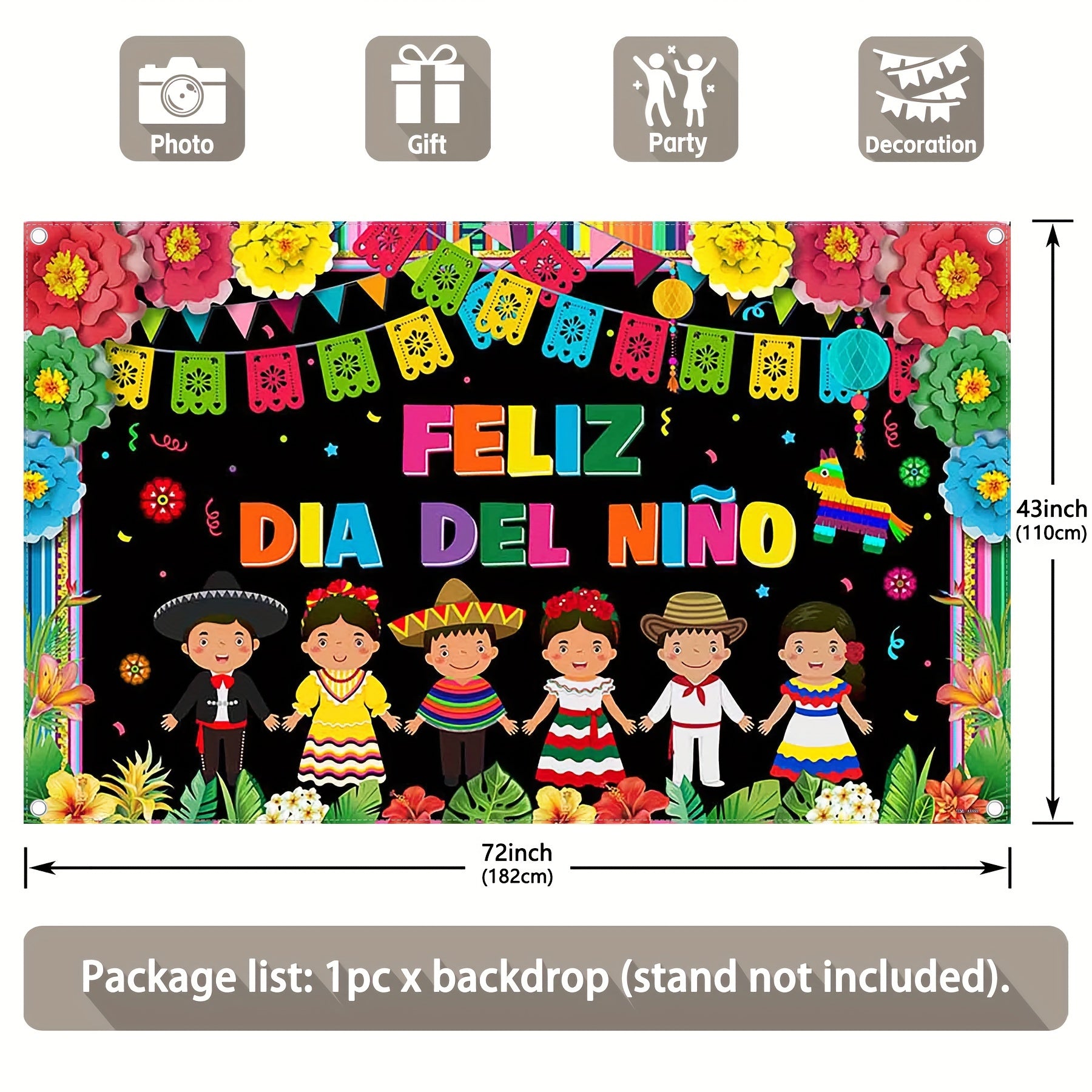 1pc, 72x43inch/96x60inch, Polyester Photography Backdrop, Happy Spanish Children's Day Banner Backdrop, Gifts for Preschool Kindergarten Primary School Junior High School Senior High School Celebration Birthday Party Decorations, Colorful Flags Floral Flo - UUFelice Studio