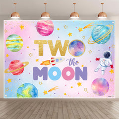 1pc 7x5ft/8x6ft/10x8ft, Two The Moon Outer Space Polyester Photography Backdrop, Girls 2nd Birthday Background, Astronaut Rocket Planets Stars Party Decorations, Gifts Photo Booth Banner, Drilled Holes At The Four Corners For Easy Hanging - UUFelice Studio