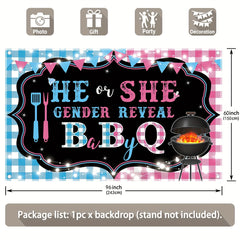 1pc, 96x60inch, Gender Reveal BabyQ Polyester Photography Backdrop, He or She Boy or Girl Birthday Background, Blue or Pink Barbecue Theme Party Decorations Gifts, Photo Booth Props Banner, Drilled Holes at the Four Corners for Easy Hanging - UUFelice Studio