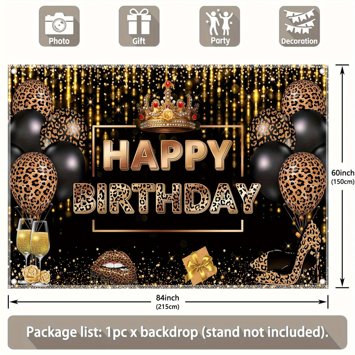 1pc, 7x5ft/8x6ft/10x8ft,Black Golden Leopard Birthday Polyester Photography Backdrop, Glitter Bokeh Balloon Background, Women Queen Party Decorations Gifts Photo Booth Banner, Drilled Holes At The Four Corners For Easy Hanging - UUFelice Studio