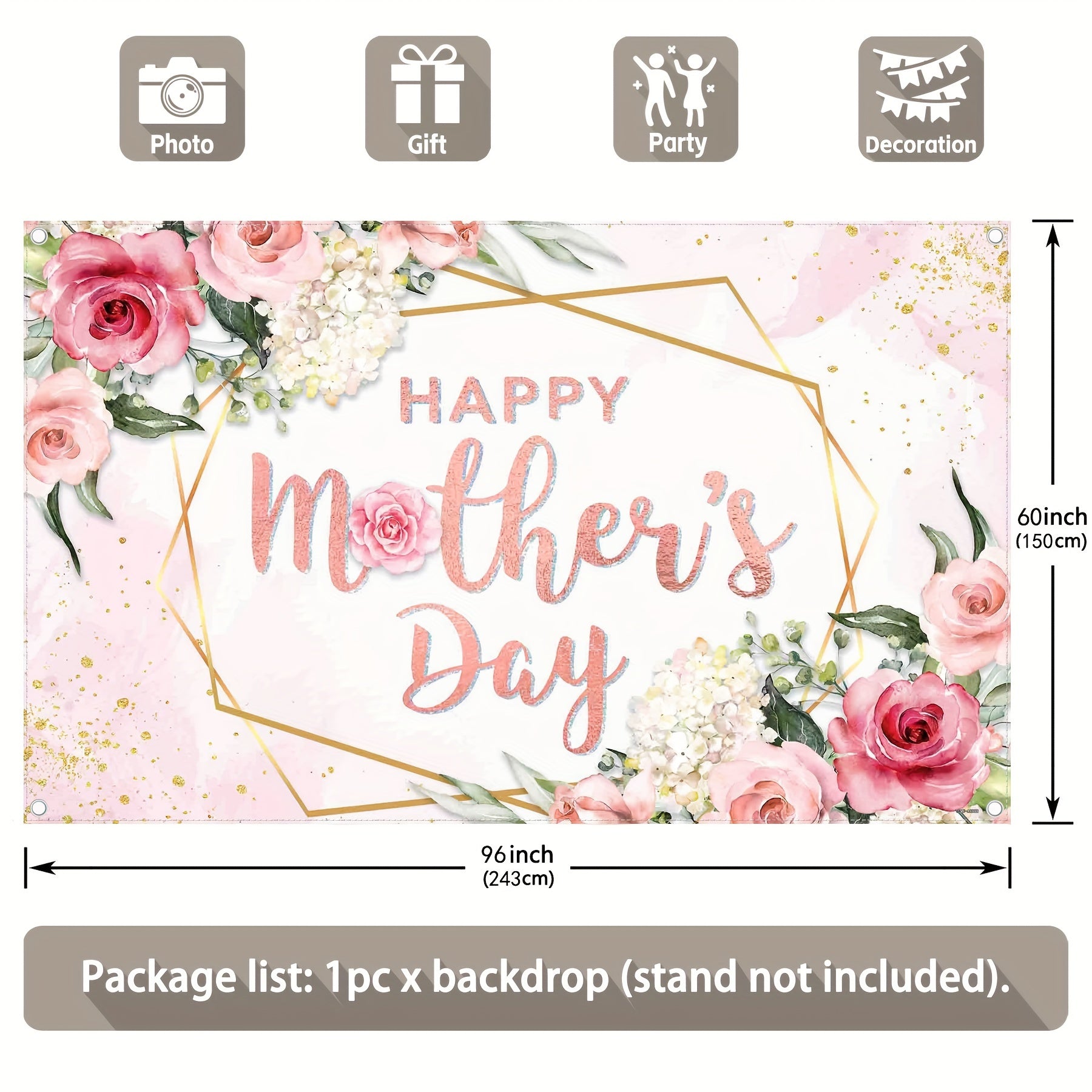 1pc, 72x43inch/96x60inch, Happy Mother's Day Polyester Photography Backdrop, Pink White Rose Floral Green Leaves Background, Golden Glitter Thanks Mother's Day Celebration Party Gifts Decorations, Photo Booth Banner Supplies, Drilled Holes At The Four Cor - UUFelice Studio